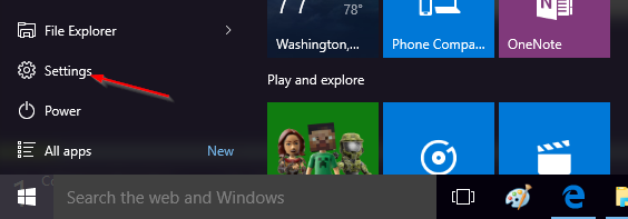 Menú de configuración de Windows 10