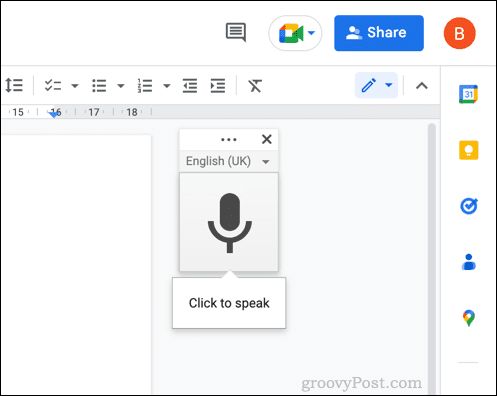 Cuadro de menú de escritura por voz en Google Docs