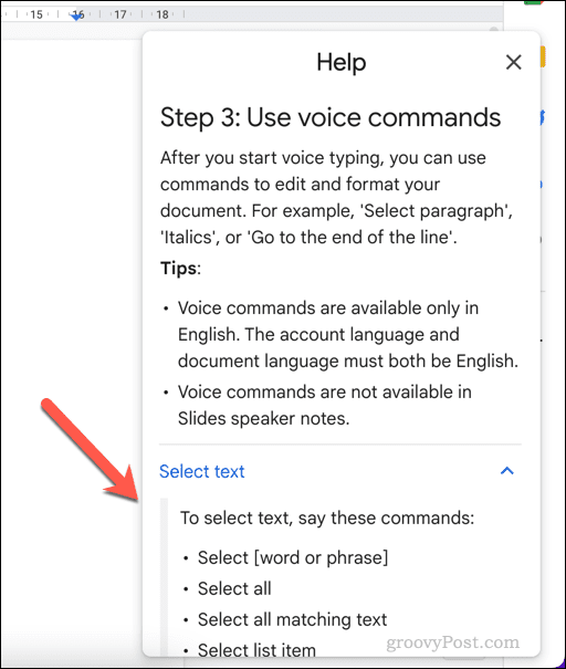 Menú de ayuda para dictado por voz en Google Docs