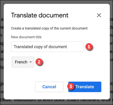 Opciones de traducción en Google Docs