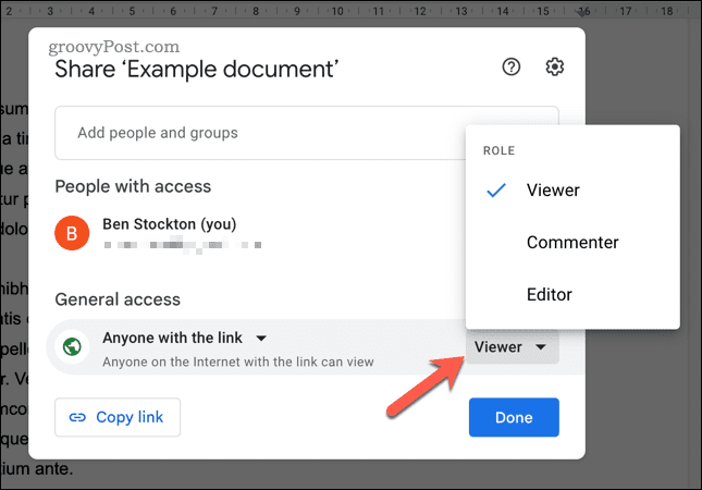 Establecer opciones de enlace para compartir en Google Docs