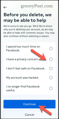 Elegir eliminar una cuenta de Facebook en el móvil