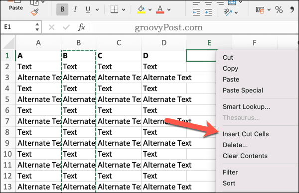 Insertar celdas recortadas en Excel