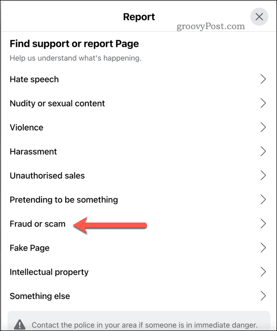 Opciones de informes de Facebook