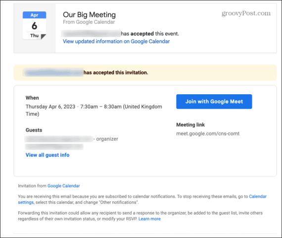 Captura de pantalla del correo electrónico de respuesta a la reunión de Gmail