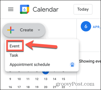 Captura de pantalla de la opción de creación de eventos de Google Calendar